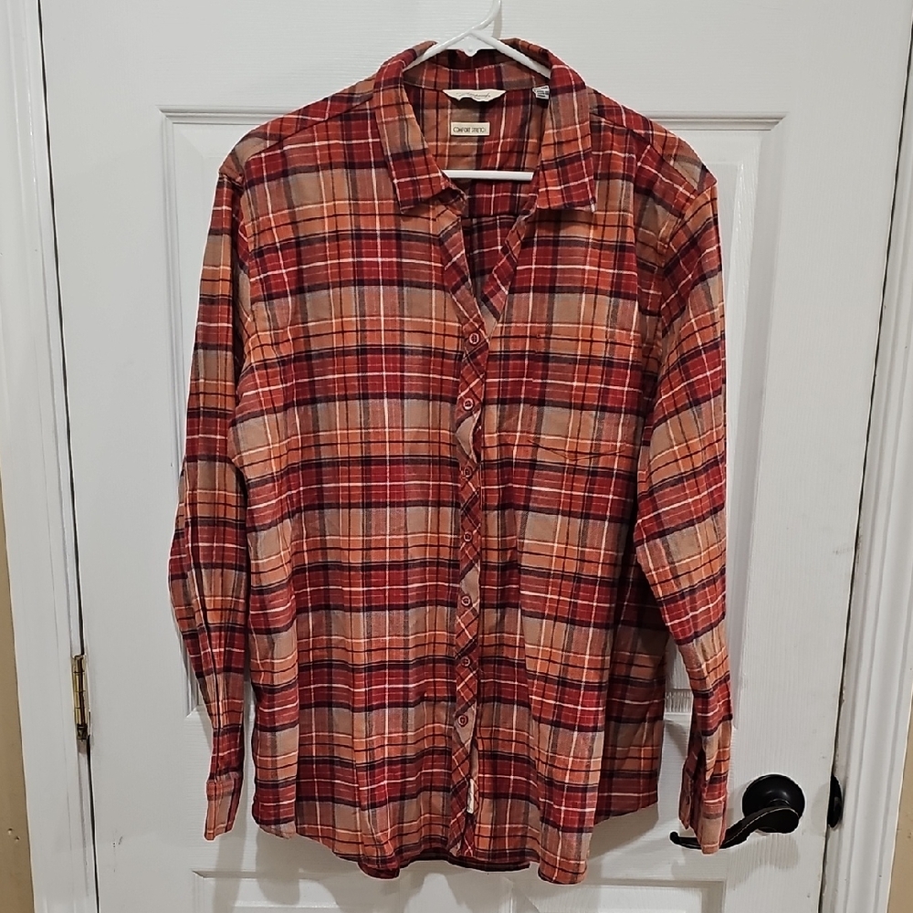 Women's Plaid Button Down Shirt - Red, Orange and Brown